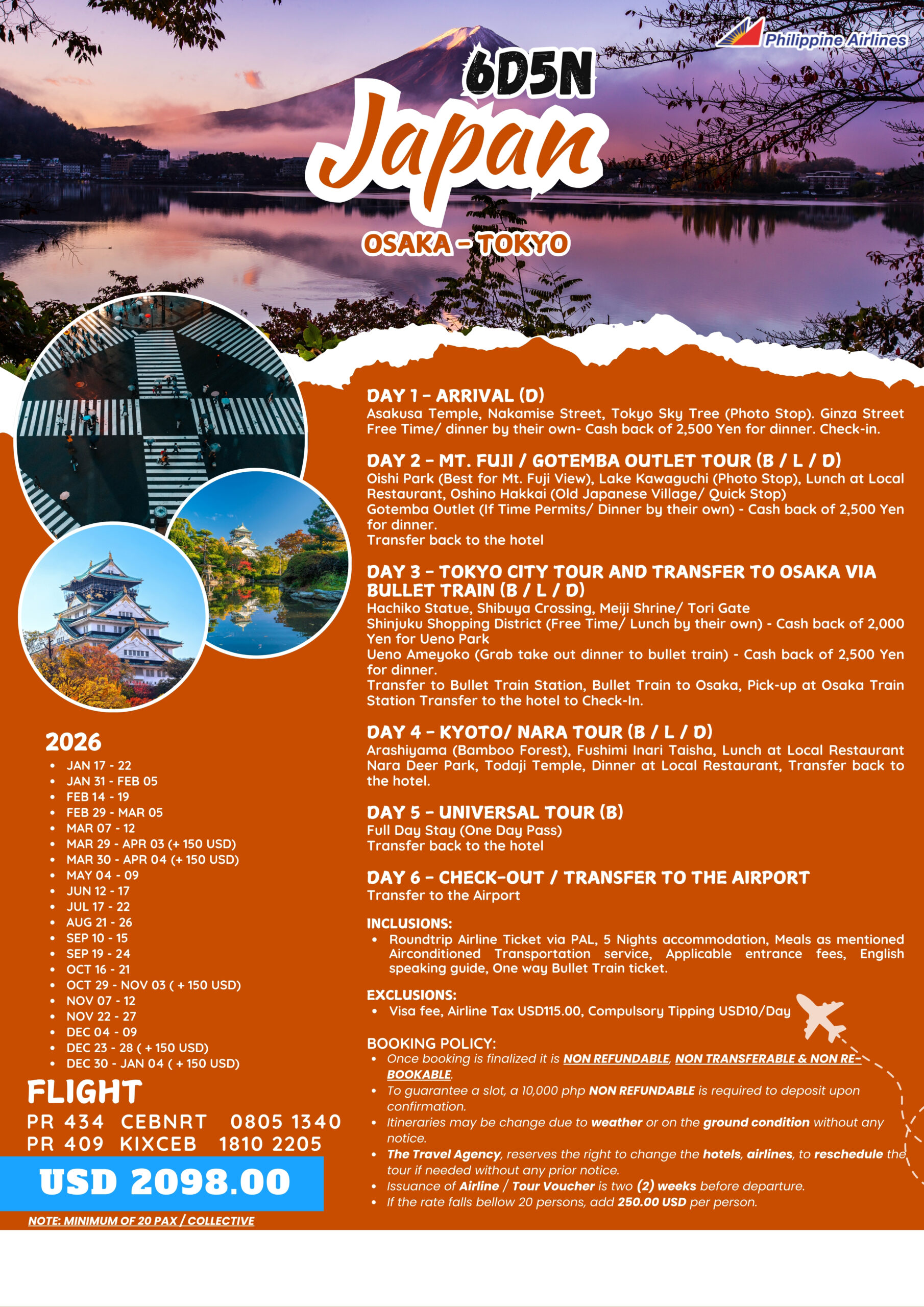 Japan - Osaka - Tokyo 6D5N USD 2098.00 Sub-Agent